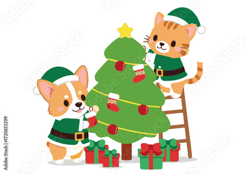 Adorable cartoon corgi dog and a cute cat dressed in festive elf costumes, happily decorating a Christmas tree for the winter holidays