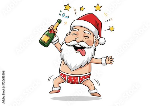 Funny cartoon illustration of a drunk old man in a festive hat and red underwear, joyfully celebrating the holidays with a bottle of champagne