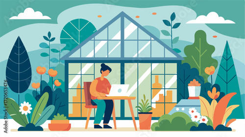 A web designer set up shop in the spacious conservatory of a countryside manor surrounded by blooming plants and natural sunlight.. Vector illustration