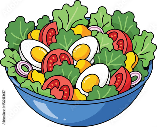 Fresh garden salad bowl with hard boiled eggs tomatoes lettuce and corn healthy food ingredient concept vector