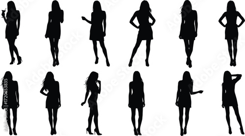 Silhouette of women in stylish poses, elegant female figures, fashion vector illustration, black dress design, modern lifestyle, people concept