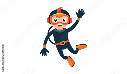 Excited cartoon child diver wearing scuba gear waving hello