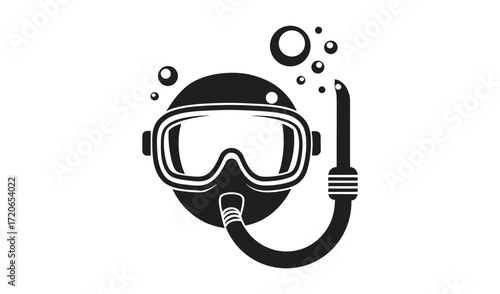 Black and white illustration of a scuba diving mask and snorkel with bubbles