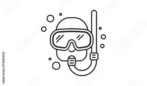 Hand drawn illustration of a diving mask and snorkel with bubbles
