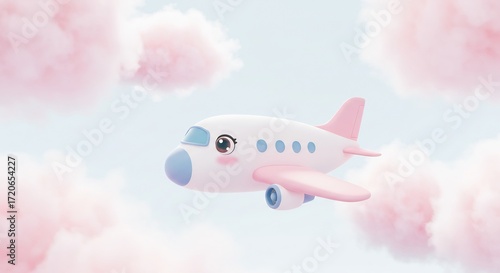 Aereo tenero vola leggero su dolci nuvole rosa luce pastello. AI Generated