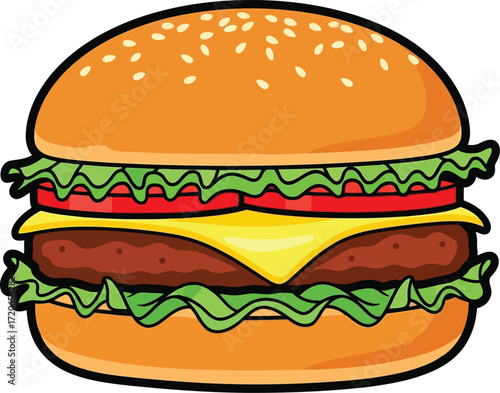Delicious cartoon hamburger fast food meal fresh ingredients burger illustration isolated vector