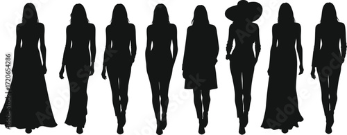 Silhouette of women walking, elegant fashion poses, stylish outfits, long dress, casual wear, hat, black vector illustration, female model