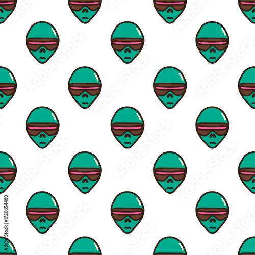Pattern with doodle style of Behold the Cosmic Observer! This teal alien sports oversized sunglasses with pink lenses, a small mouth, and a bold black outline