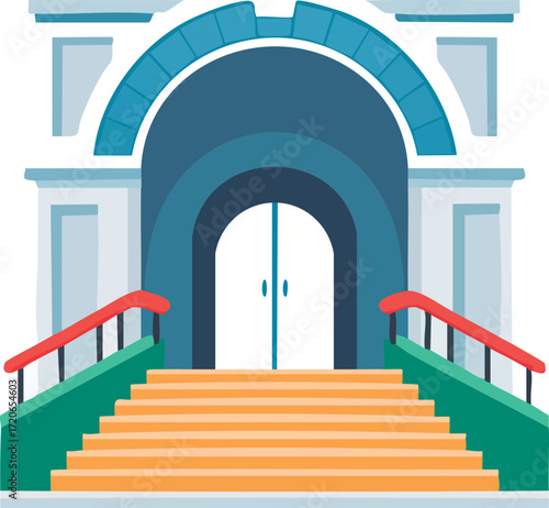 Flat vector illustration of a subway entrance, simple stairs leading to underground metro with archway and red railings, minimal geometric design for transport, travel and urban architecture concepts