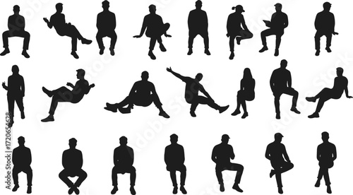 Silhouette people sitting, men and women poses, casual figures, black outline design, human body shapes, vector illustration, modern group art