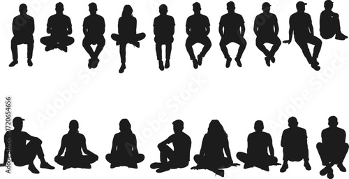 Silhouette people sitting, human figures, men and women outline, group design, casual pose, vector illustration, black shape, modern graphic art