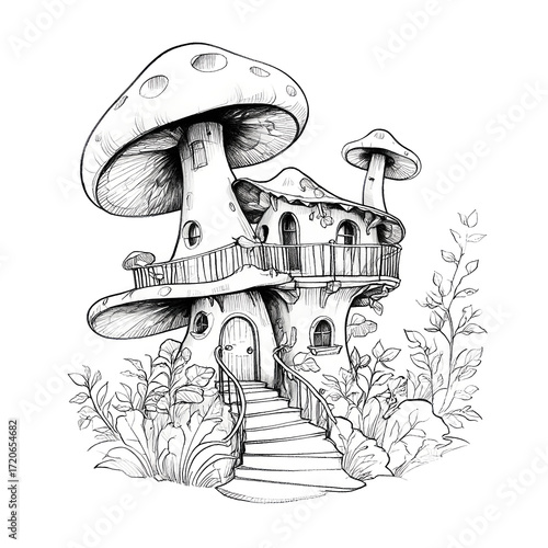 Whimsical Mushroom House with Staircase and Lush Foliage