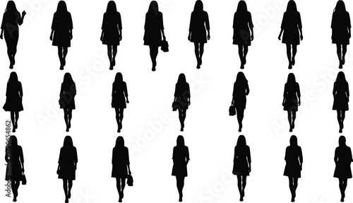 Silhouette women walking, female figures, fashion outline, black vector design, modern woman shape, casual clothing style, people graphic art illustration