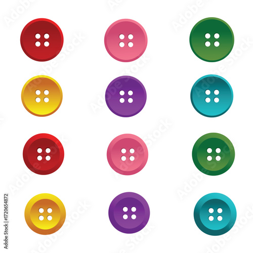 Vector illustration of set of buttons of different colors. Clothes buttons. Sew buttons and seam.