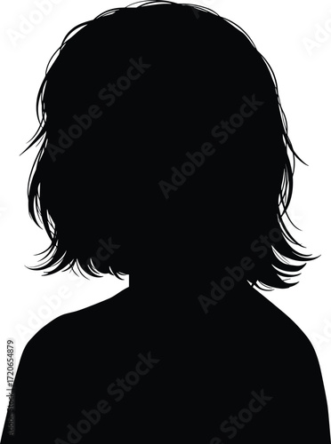 Silhouette portrait of child with messy hair, black outline illustration, vector design, hairstyle concept, head profile, isolated graphic
