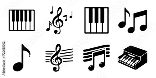 Music Notes and Piano Keys Vector Illustration Set