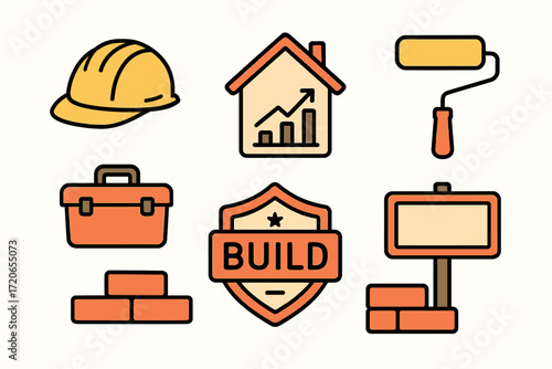 Set of Construction and Building Icons in Bright Colors for Industry and Development