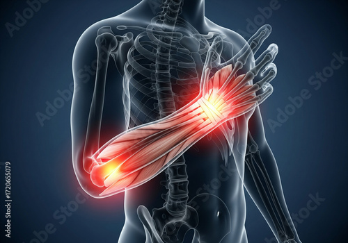X-ray illustration of human skeleton anatomy showing highlighted pain in forearm and elbow joint with muscle bone ache