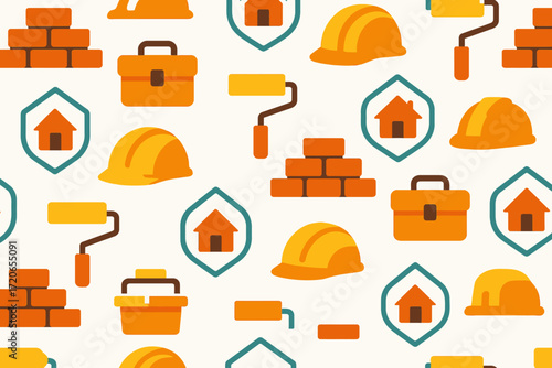 Construction Tools and Safety Equipment Pattern with Hard Hats Bricks and House Symbols