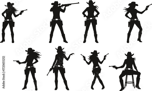 Silhouettes of cowgirl women with guns, wild west poses, western outfit, cowboy hats, pistol and rifle, confident female shooter.