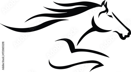 horse, silhouette, black and white, minimalist, flowing mane, running, dynamic, vector illustration
