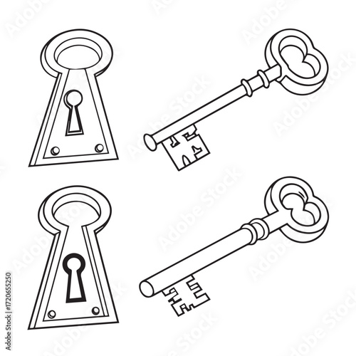 Illustration isolated on white background showcasing a key and keyhole, symbolizing security, access, mystery, and the unlocking of opportunities and solutions