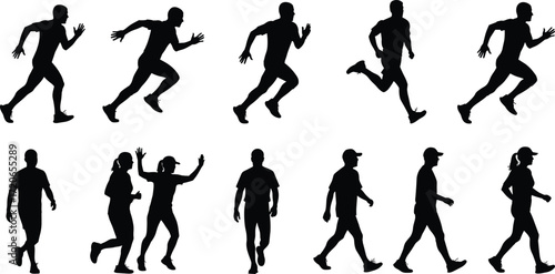 Silhouettes of running and walking people, jogging man, woman exercise outline, fitness poses, healthy lifestyle, sport activity vector design