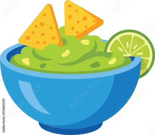 Vibrant blue bowl fresh guacamole appetizer with tortilla chips and lime slice vector