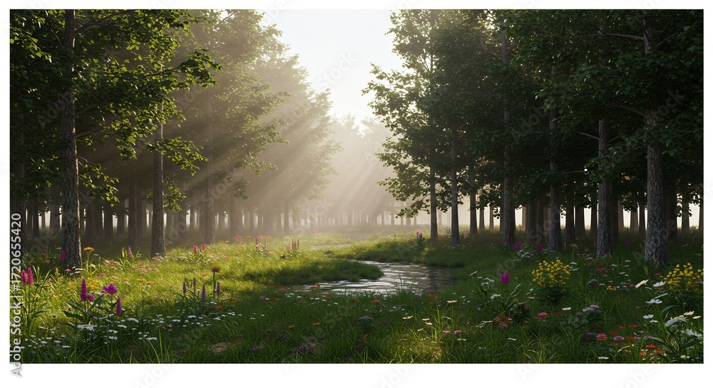 Fototapeta premium Alba dorata illumina sentiero boschivo fiume serpeggiante prati fioriti. AI Generated