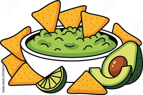 Fresh guacamole dip with tortilla chips and avocado slices healthy mexican food snack vector