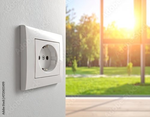 White Electrical Outlet Against Exterior Wall with Blurred Garden Background.