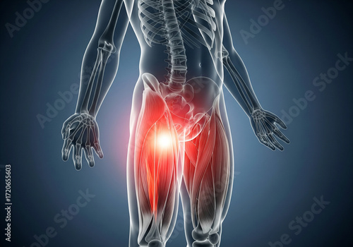 X-ray visualization showing highlighted pain in groin and pelvic joint anatomy of skeleton with muscle bone discomfort