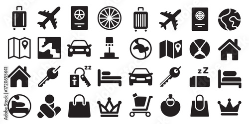 Solid black silhouette icon set of lifestyle and miscellaneous elements, including airplane, suitcase, passport, car and more, bold flat vector shapes, clean modern style, professional design