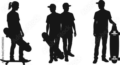 Silhouettes of skateboarders holding boards, youth culture, casual street style, outdoor lifestyle, standing poses, active teenagers, urban skating scene.