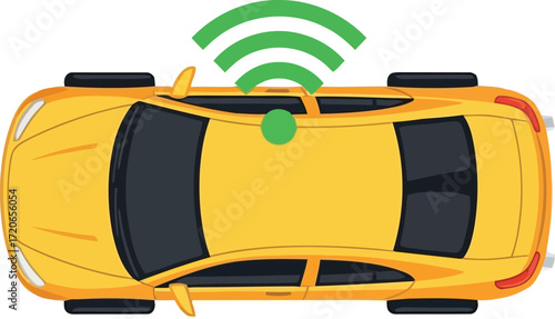 Top view yellow car with wireless signal icon representing connectivity and autonomous driving technology vector