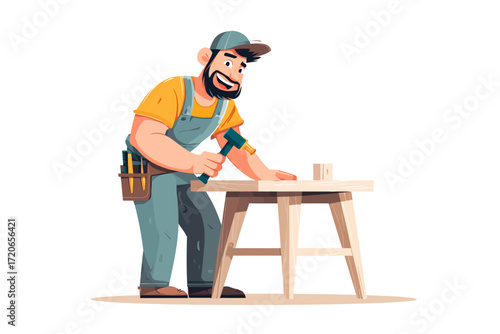 Happy carpenter using hammer, crafting wood at workbench.