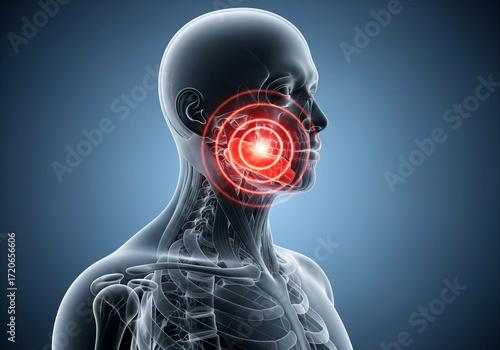 X-ray medical anatomy illustration highlighting strong pain in the right jaw and lower facial region of the skull skeleton