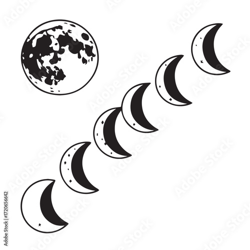 A black and white illustration of the phases of the moon, isolated on white background, showcasing the lunar cycle from full moon to crescent, representing time and change