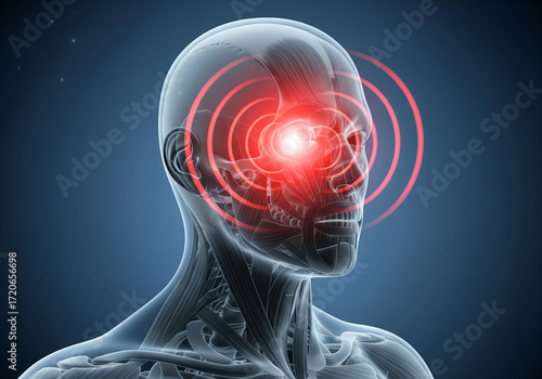 X-ray anatomical image showing highlighted pain around the eye socket and upper skull region with radiating red glow