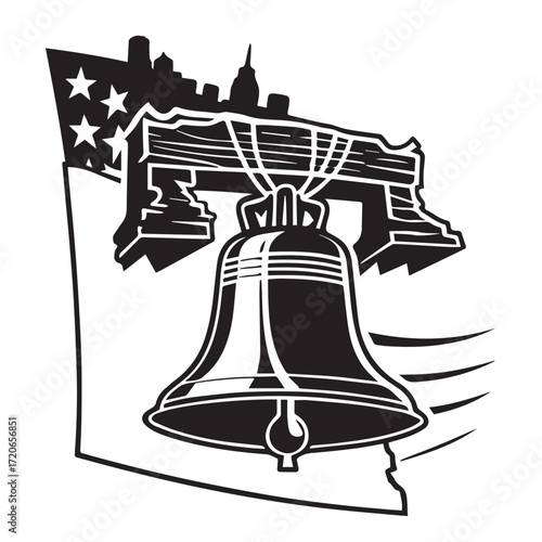 A black and white illustration of the liberty bell with a cityscape and american flag in the background, isolated on white background, symbolizing freedom and american history