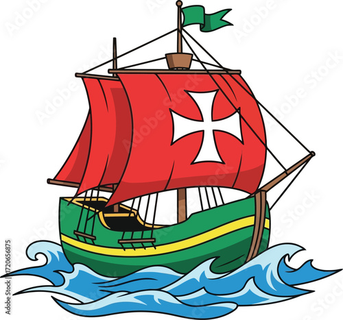 Antique caravel sailing ship with red sails and portuguese cross emblem on waves vector