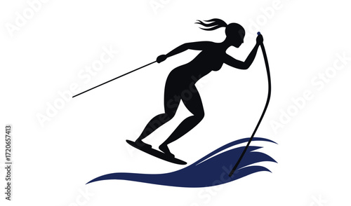 Silhouette of a woman water skiing on a wave