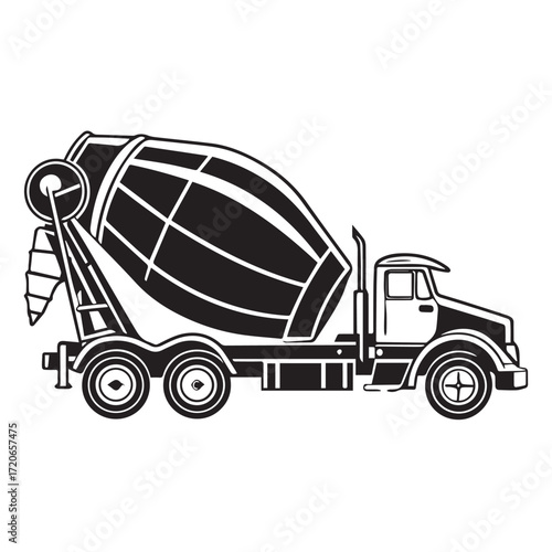 Illustration of a concrete mixer truck isolated on white background, showcasing its cylindrical drum and chassis, commonly used for transporting and mixing concrete on construction sites