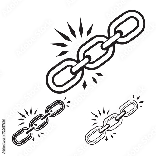 A strong chain link with radiating light, symbolizing strength and connection, with two smaller chain variations below, isolated on white background, representing unity and resilience