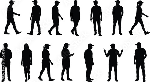 Walking people silhouette, man and woman outline, casual wear figure, urban lifestyle pose, human shadow illustration, standing talking design, vector art