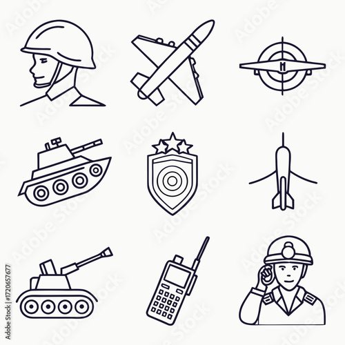 “Minimal outline military icons — soldier helmet, tank, fighter jet, warship, shield, medal, target, radar, walkie talkie, binoculars — thin stroke vector.”