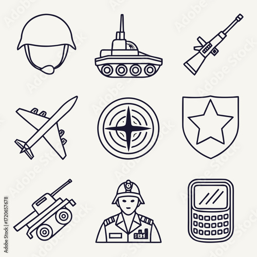 “Minimal outline military icons — soldier helmet, tank, fighter jet, warship, shield, medal, target, radar, walkie talkie, binoculars — thin stroke vector.”