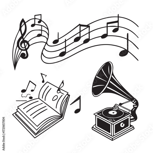 A vintage gramophone with a vinyl record, an open book with musical notes, and a staff with musical notes floating above, isolated on white background, evoking a sense of nostalgia and melody