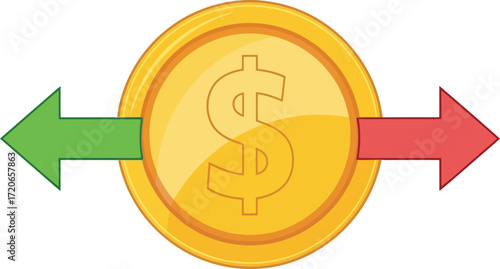Golden dollar coin with red and green arrows symbolizing financial transaction and exchange vector