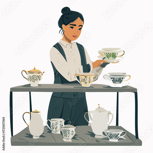 Woman carefully arranges antique teacups and serving pieces on a display shelf.